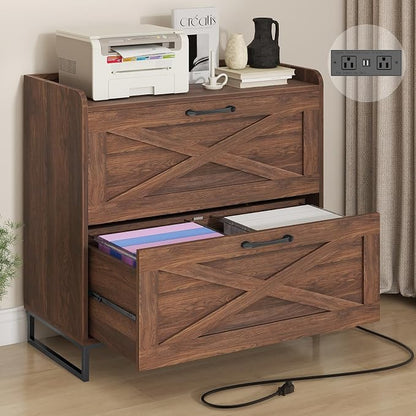 2 Drawer Lateral File Cabinet, Filing Cabinet with Charging Station for Letter/Legal/A4 Size Hanging Files, Modern Farmhouse File Cabinet for Home Office, Printer Stand with Storage, Dark Walnut