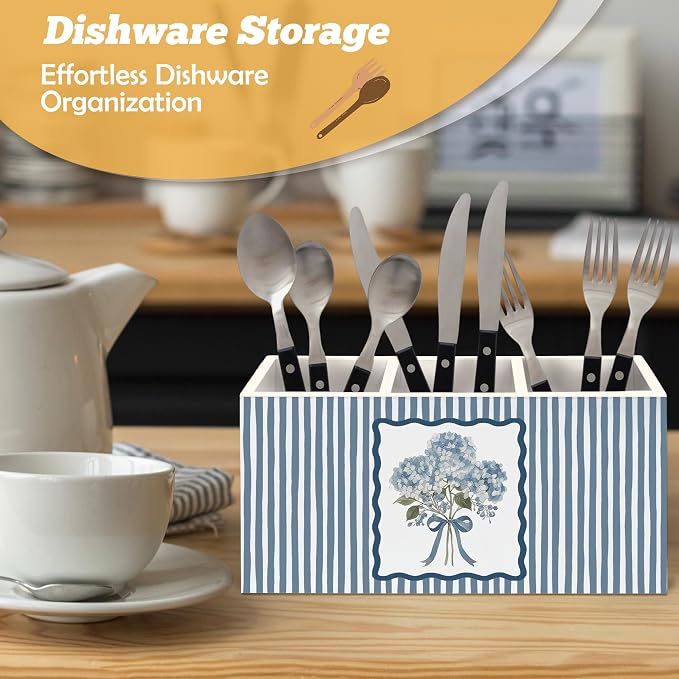 Blue Hydrangea Floral Pen Holder Organizer for Desk Accessories, Floral Office Decor, Blue Striped Cottagecore Botanical Hydrangea Flower Wooden Box Sign Desk Decorations for Home Office Decor