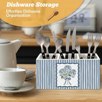 Blue Hydrangea Floral Pen Holder Organizer for Desk Accessories, Floral Office Decor, Blue Striped Cottagecore Botanical Hydrangea Flower Wooden Box Sign Desk Decorations for Home Office Decor