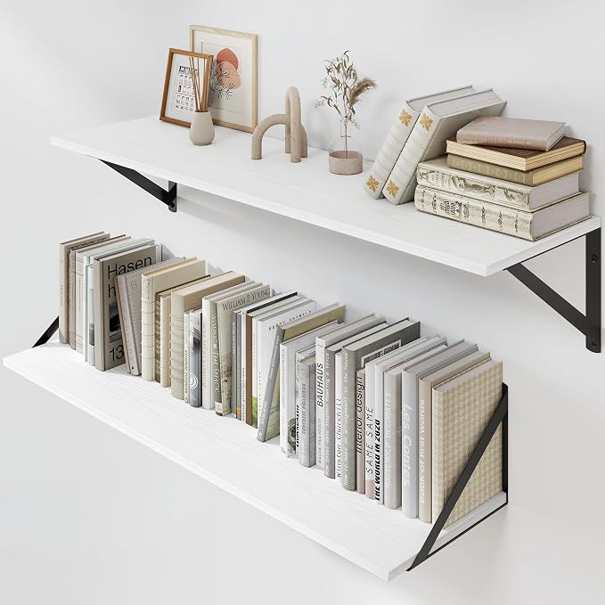 Heimlove White Deep Floating Shelves for Wall, 32W x 8D Wood Wall Shelves Set of 2, Wide Floating Bookshelf for Living Room, Kitchen, Office, Bedroom and Decor Storage, with Black Bracket - White