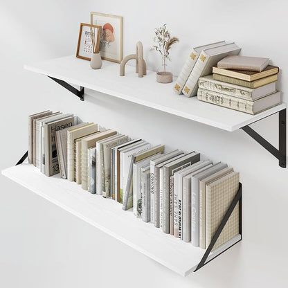 Heimlove White Deep Floating Shelves for Wall, 32W x 8D Wood Wall Shelves Set of 2, Wide Floating Bookshelf for Living Room, Kitchen, Office, Bedroom and Decor Storage, with Black Bracket - White