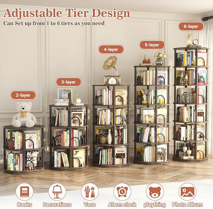 Aheaplus 6 Tier Rotating Bookshelf Tower, Revolving Bookcase, 360° Round Spinning Book Shelf, Narrow Swivel Bookshelves Vertical Turning Corner Bookshelf Organizer for Small Space, Black Oak