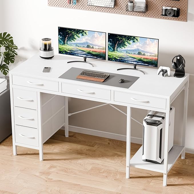 55" Computer Desk with 6 Drawers, Home Office Gaming Desks with Storage Shelves for Bedroom, Writing Study Corner Living Room Work Table White