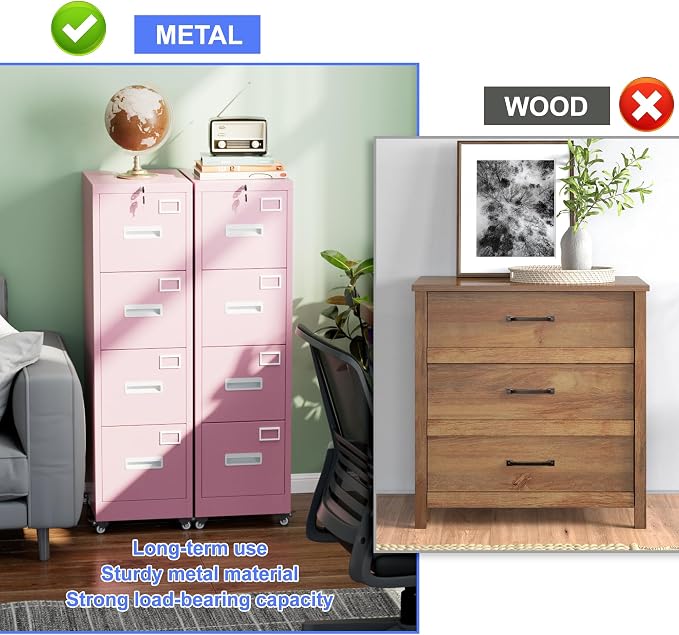 Aobabo 4 Drawer File Cabinet with Lock, Metal Vertical Filing Cabinet with Wheels, Anti-Tilt Interlock System, Locking Office Storage for Letter/Legal Files,Pink,Required Assembly