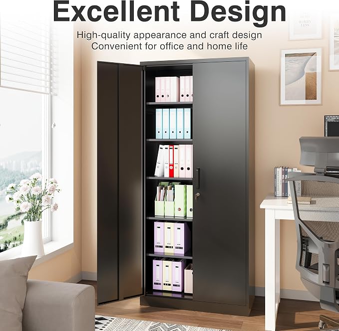 SISESOL Wide & Deep Metal Storage Cabinet with 2 Doors and 5 Adjustable Shelves,72x36x18 Garage Storage Cabinet,Tall Black Locking Metal Cabinets with Lock,Steel Locked Cabinets for Home,Office,Garage
