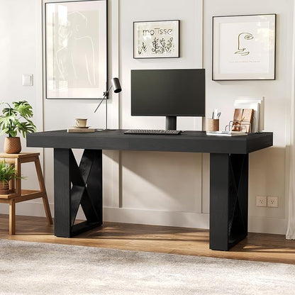 LITTLE TREE 63-Inch Long Computer Desk, Simple Wood Thick Appearance Design, Study Writing Gaming Work Executive Desk for Home Office, Black