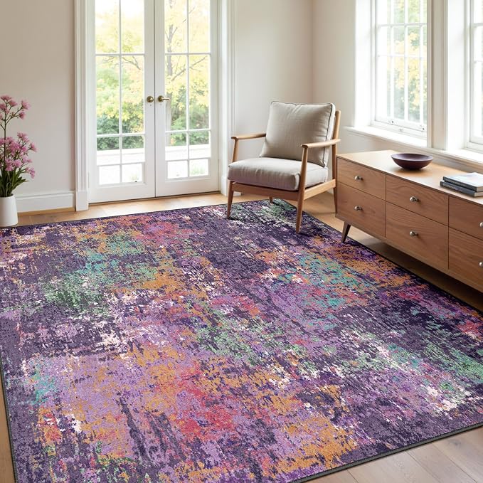 RELEANY Washable Area Rugs 4'x6' Non-Slip Modern Abstract Soft for Living Room Entryway Bedroom Kitchen, Print Pattern, Purple Orange Blue Green Rust Red Colorful
