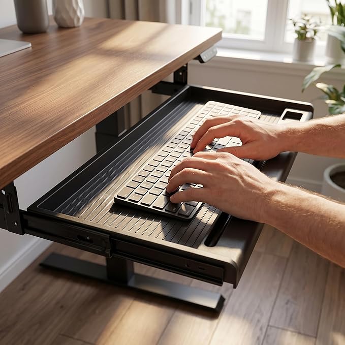 jojofuny Under Desk Keyboard Tray with Pen Organizer, Screw-Mounted Slide-Out Organizer Drawer, 20x10 inches Space-Saving Under Desk Shelf for Mouse, Pens & Office Supplies