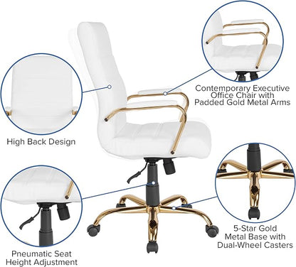 Merrick Lane Milano Contemporary High-Back White Faux Leather Home Office Chair with Padded Gold Arms