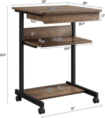 Topeakmart Rolling Computer Desk for Small Spaces, Laptop Computer Desk with Wheels, Mobile Standing Desk Compact Student Bedside Table Taupe Wood
