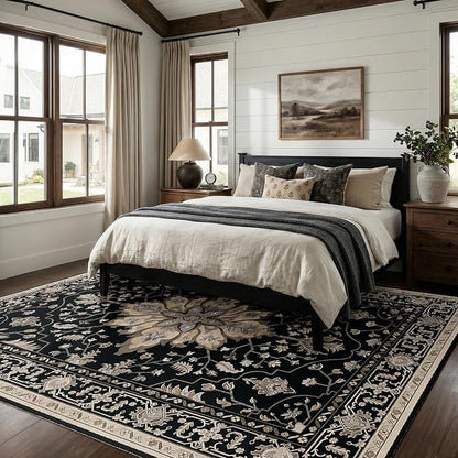 RELEANY Area Rugs Large 9'x12' Washable Non-Slip, Floral Vintage Distress Medallion Carpet for Living Room Bedroom Dining Room, Black Brown Neutral Dark Tan