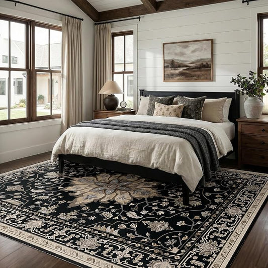 RELEANY Area Rugs Large 9'x12' Washable Non-Slip, Floral Vintage Distress Medallion Carpet for Living Room Bedroom Dining Room, Black Brown Neutral Dark Tan