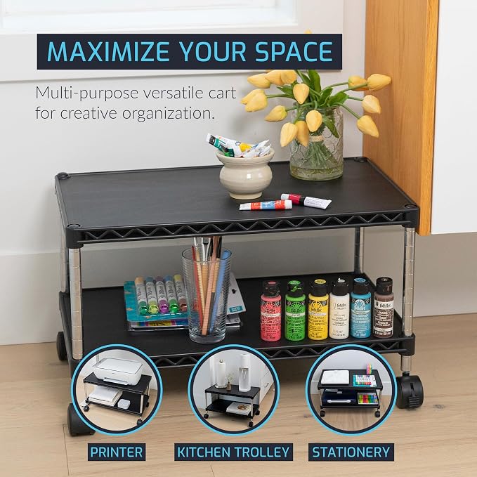 Under Desk Printer Stand with Storage 24" X 14", Printer Cart, Small Printer Stand with Wheels, Small Printer Table for Home Office, Heavy Duty Low Rolling Cart, (Regular, Black)