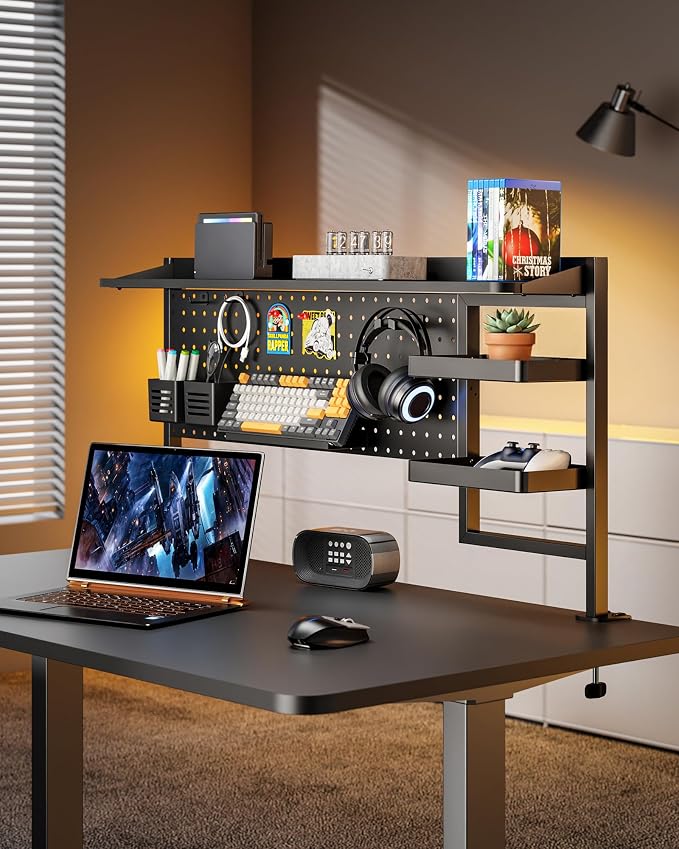 PEGZONE Clamp on Desk Shelf, 44" Desktop Shelving System, Black | with Pegboard and Accessories, Desktop Organizer with 2-Tier Shelf, Desk Pegboard for Office Home Gaming
