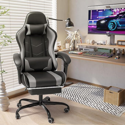Shahoo Gaming Chair with Footrest and Massage Lumbar Support, Video Racing Seat Height Adjustable with 360°Swivel and Headrest for Office or Bedroom, Grey