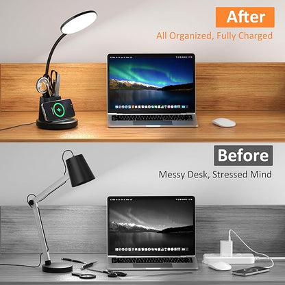 Desk Lamp with Wireless Charger, LED Desk Lamps for Home Office with Pen Holder, Dimmable Eye-Caring Study Desk Light Flexible Arm 3 Color Modes for College Dorm, 800 Lumens CRI 90