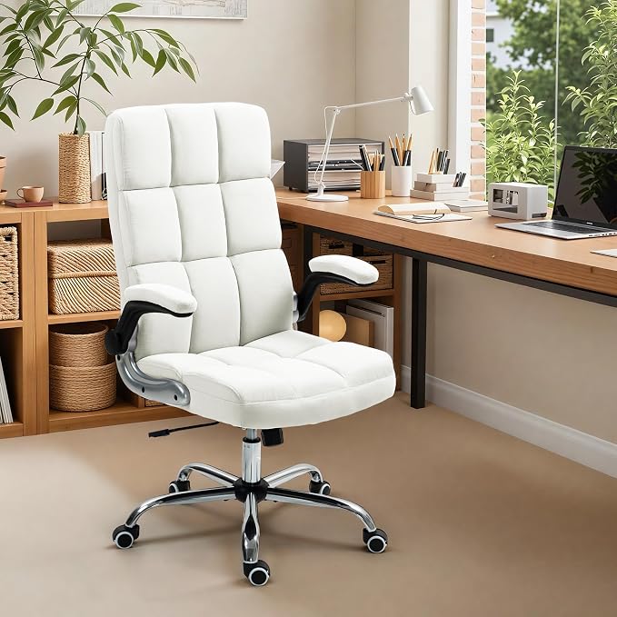 ECOTOUGE Executive Office Chair, Velvet Ergonomic Comfy Desk Chair, High Back Computer Chair with Adjustable Tilt Angle and Flip-up Arms, Beige, Without Footrest