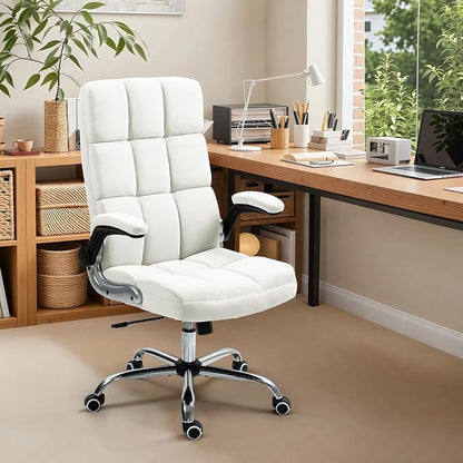 ECOTOUGE Executive Office Chair, Velvet Ergonomic Comfy Desk Chair, High Back Computer Chair with Adjustable Tilt Angle and Flip-up Arms, Beige, Without Footrest