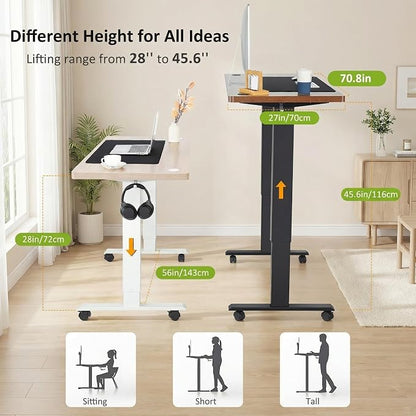 farexon Electric Standing Desk Adjustable Height, 71 x 28 Inch Sit Stand up Desk with Large Mouse Pad, Double Metal Hook,4 Wheels,4 Memory Preset Heights Home Office Computer Desk,Oak Grey