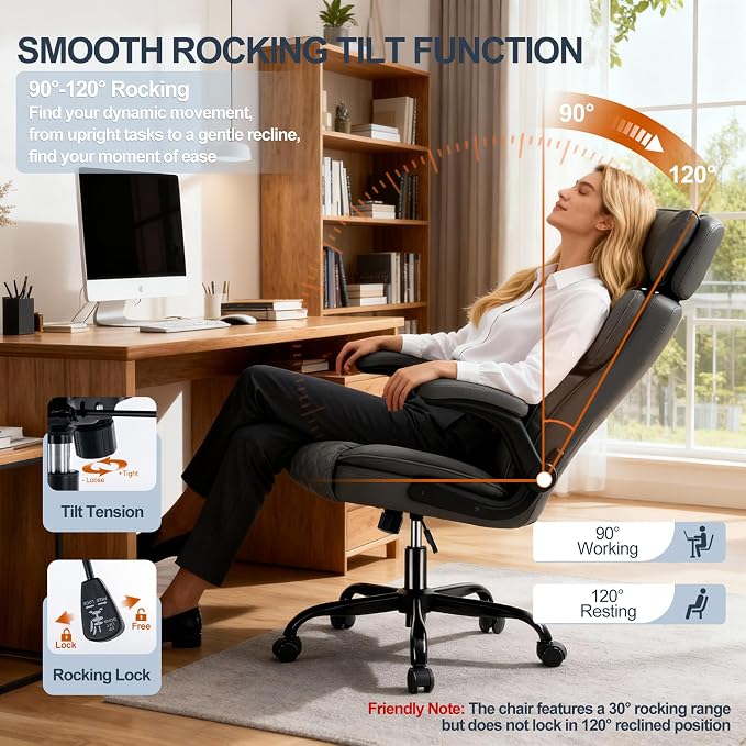 Office Chair with Adjustable Headrest - Executive Leather Desk Chair for Home Office, with Flip-Up Arms & Ergonomic Lumbar Support, Perfect for Work and Study, Gray