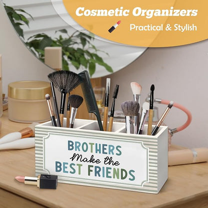 Boy Nursery Decor Kids Pen Holder Organizer for Desk Accessories, Brothers Make the Best Friends Neutral Striped Wooden Box Sign Desk Decorations for Kids Boys Room Bedroom Playroom Decor