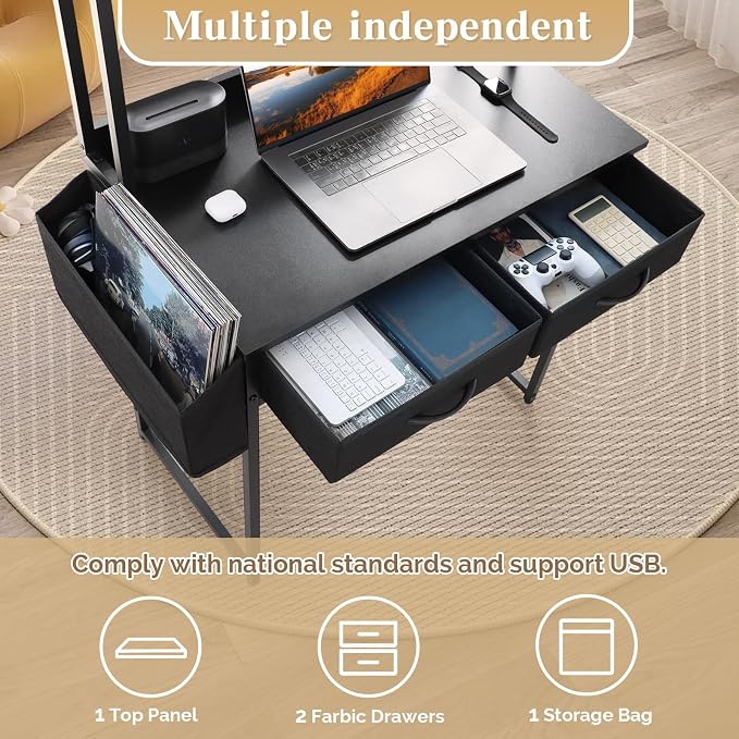 KATHY&BOB Small Home Office Study Desk - Freestanding Ladder Design with Fabric Drawers & Side Bag - Modern Vanity Makeup Desk - 2 Tier Shelf & Computer Gaming Station (Black, Arched)