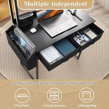 KATHY&BOB Small Home Office Study Desk - Freestanding Ladder Design with Fabric Drawers & Side Bag - Modern Vanity Makeup Desk - 2 Tier Shelf & Computer Gaming Station (Black, Arched)
