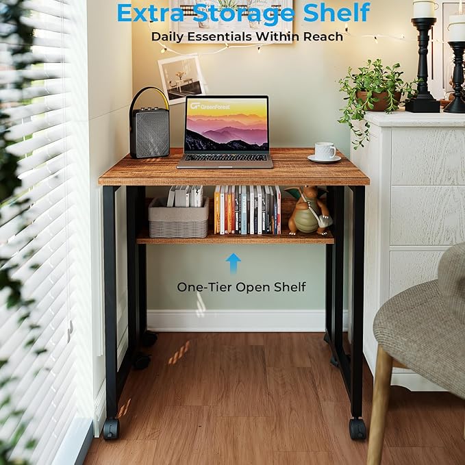 GreenForest Folding Desk with Wheels, 24.8 Inch Compact Rolling Computer Table with Storage Shelf, Portable Mobile Workstation for Small Spaces, Easy Assembly,Walnut