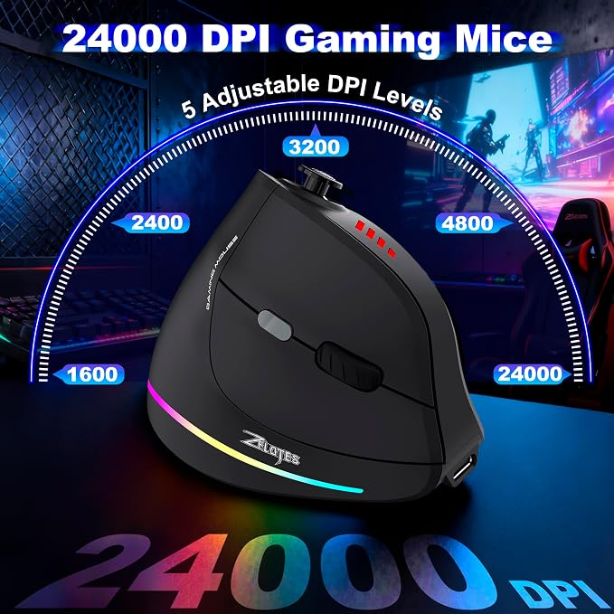TRELC Gaming Mouse with 5 D Rocker, Vertical Ergonomic Mouse with 11 Programmable Buttons, 24000 DPI, On-Board Memory, Optical Computer Mice for PC/Laptop/E-Sports/Gamer (Wireless)