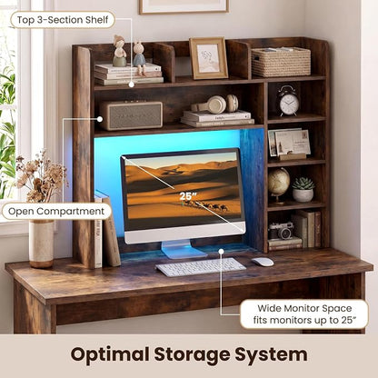 LDAILY Desktop Bookshelf with LED Lights, 35.5’’ Wooden Desk Shelf with 8 Cubes & 3 Adjustable Storage Shelves, 5-Tier Desk Hutch for Dorm College Office Computer Monitor Up to 25’’(Rustic Brown)