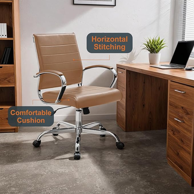 LeisureMod Benmar Leather Office Desk Chair, Mid-Back Ergonomic Swivel Chair with Lumbar Support, Adjustable Height, Tilt Lock, Cushioned Seat & Back, Home Office Task Chair (Brown, Set of 4)