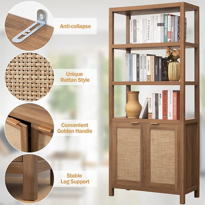 SICOTAS Bookshelf 5 Tier Book Shelf Rattan Boho 71" Tall Bookcase with Doors Storage Shelves Large Bookshelves Farmhouse Bookcases Library Book Case for Living Room Bedroom Home Office Kitchen