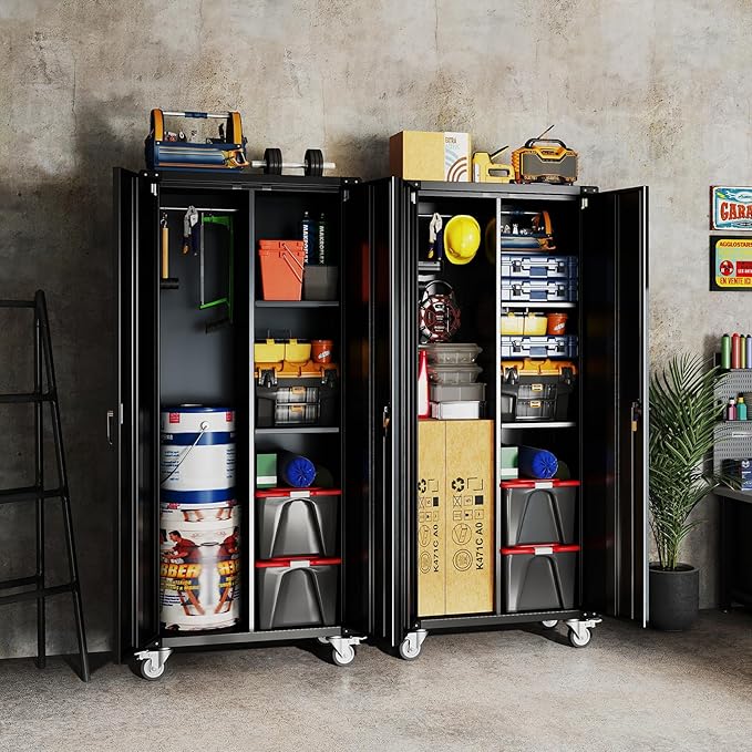 DUMOS 72" Metal Garage Storage Cabinet with Wheels, Tall Rolling Steel Tool Organizer with Adjustable Shelves and Locking Doors, Lockable File Cabinet for Garage, Home, Office, Warehouse, Black