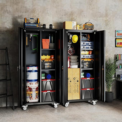 DUMOS 72" Metal Garage Storage Cabinet with Wheels, Tall Rolling Steel Tool Organizer with Adjustable Shelves and Locking Doors, Lockable File Cabinet for Garage, Home, Office, Warehouse, Black
