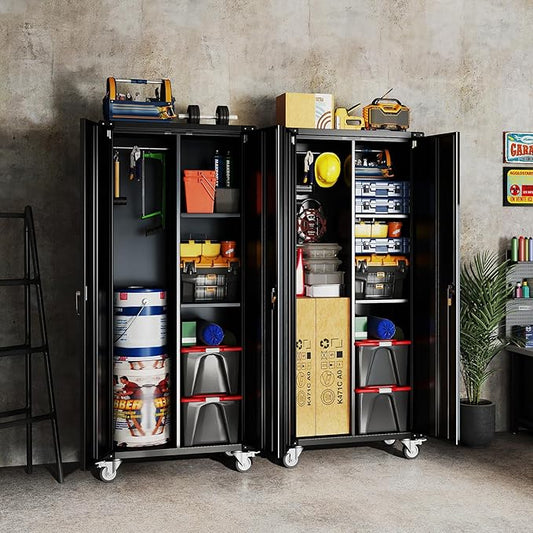 DUMOS 72" Metal Garage Storage Cabinet with Wheels, Tall Rolling Steel Tool Organizer with Adjustable Shelves and Locking Doors, Lockable File Cabinet for Garage, Home, Office, Warehouse, Black
