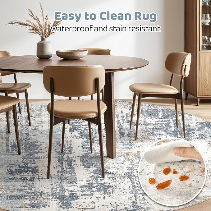 Round Rug Living Room Rugs: 8Ft Washable Circle Large Abstract Modern Soft Stain Resistant Non Slip Indoor Floor Carpet for Bedroom Nursery Office Dining Room Dorm Home House Decor- Light Blue