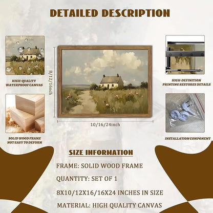 Vintage Wall Art, Framed English Countryside Cottage Painting Print, Country Farmhouse Canvas Wall Art, Rustic Landscape Pictures Artwork Wall Decor for Bedroom Living Room – 8x10 inch