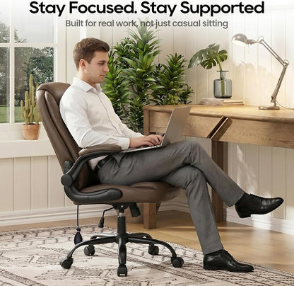 MALOL Leather Office Chair, Computer Desk Chair with Adjustable Lumbar Support, Thick Cushion, Flip-Up Arms and Ergonomic Back, Comfy Executive Office Chair for Home Office Gaming,Brown