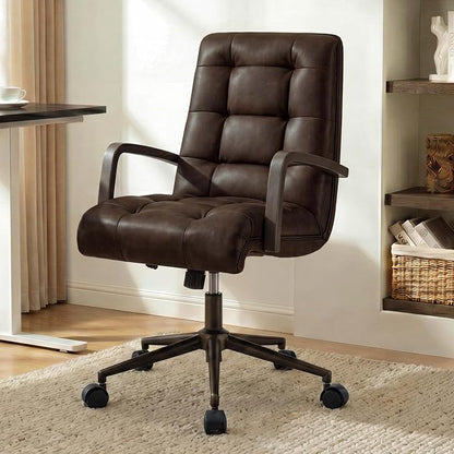 KISLOT Home Office Desk Chair, Ergonomic Office Chair with Square-Patterned Leather Upholstery, Adjustable Swivel Computer Chair with Wood Arms & Wheels, Soft-Rounded Front Edge, Espresso, Set of 2