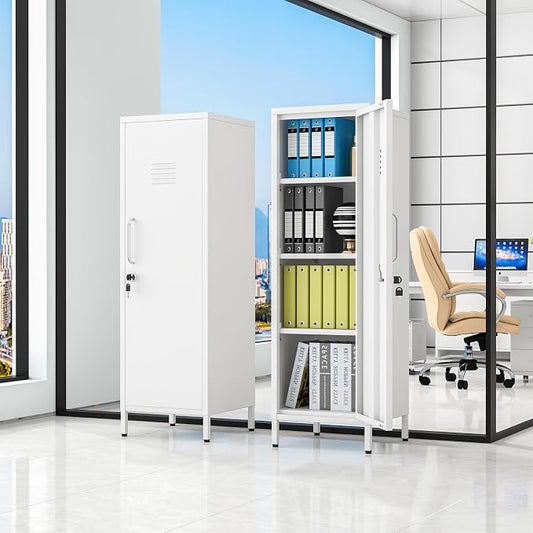 pozdeg 47.24" Metal Storage Locker with Lockable, Employees Metal Steel Locker with 1 Door ＆ 3 Adjustable Shelves, Small Locker Storage Cabinets for Home, School, Office, Gym (White)