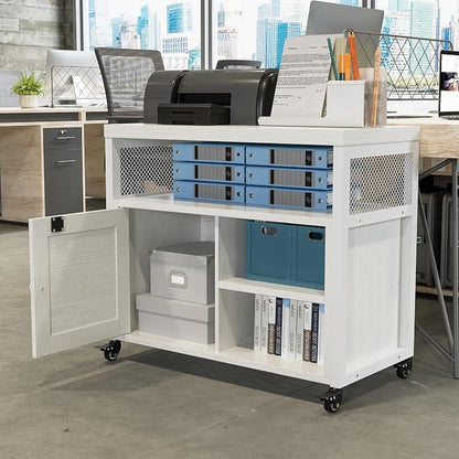 FUSUNBAO Farmhouse Printer Stand with Storage, Rolling Printer Cabinet with Shelves, Charge Station, Wheels, and File Cabinet for Home Office Storage (White)