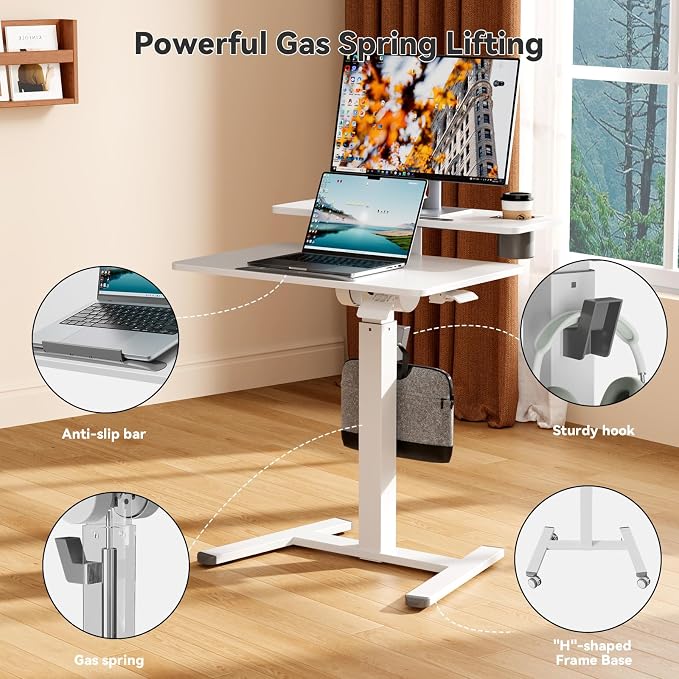 28Inch Mobile Standing Desk On Wheels， Rolling Laptop Stand with Tiltable Desktop， Small Computer Workstation Adjustable Height， 2-Tier Portable Study Table with Storage Shelves， White