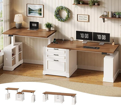SEDETA Standing Two Person Desk, 98.4'' Farmhouse Long Computer Desk with 3 Drawers, Storage Cabinet, Electric Height Adjustable 2 Person Desk with Power Outlets for Home Office, White+Brown
