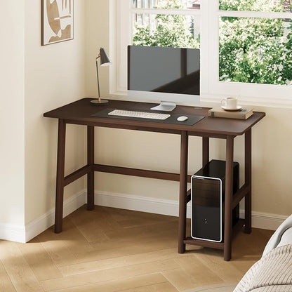 NELYE Solid Wood Computer Desk - 58" W x 24" D Modern Minimalist Table with Shelf，Sturdy Computer Workstation for Home Office, Walnut