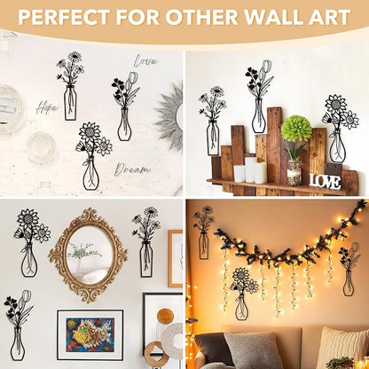 Mcdagogn 3 Pieces Metal Flowers Wall Arts - Rustic Farmhouse Wall Decor, Minimalist Black and White Wall Decor for Living room Bathroom Bedroom Dining Room Kitchen Office - Housewarming Gifts
