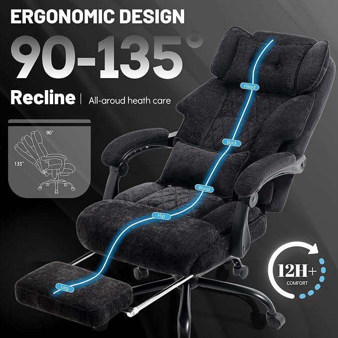 Office Chair with Foot Rest,3D Kneading Massage & Heat Executive Office Chairs for Heavy People,500LBS Big and Tall Office Chair,Ergonomic Desk Chair,Home Office,Dual-Use Pillow,BlackCloth
