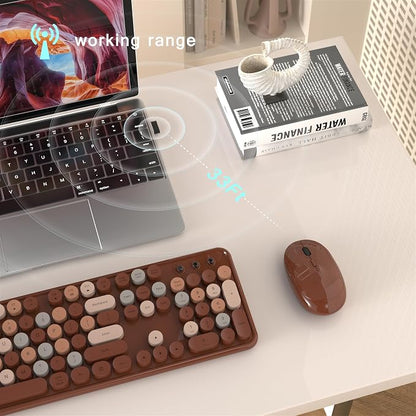 MPTOG Colorful Wireless Computer Keyboard and Mouse Combo with Round Typewriter Keycaps, Retro Design, Power Switch, Ergonomic Design, 2.4GHz Wireless for Windows, Mac, PC(Coffee-Colorful)