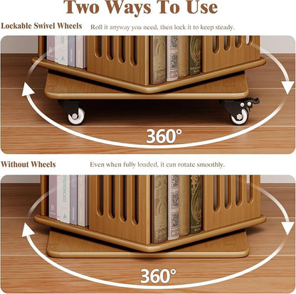 Turosur Rotating Bookshelf with Wheels, 6 Tier Spinning Bookshelf Tower, Solid Wood Revolving Bookcase with Storage for Small Spaces, 360 Display Square Rotating Book Shelf for Living Room, Walnut