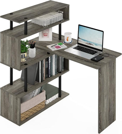 Furinno Classic Desk, 40" Wide L-Shape Gaming Desk, Computer Desk, Writing Desk with 5-Tier S-Shaped Side Shelves for Home Office, Study Room, Dorm, Bedroom, French Oak