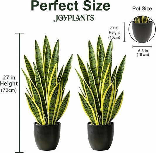 Artificial Snake Plant 2.3FT-2PCS, 27'' Sansevieria Plant with Black Pot, Low Maintenance Mother-in-Law's Tongue for Home Decor Indoor Outdoor, Desk Corner Office Hotel Garden(Yellow-2Pack)